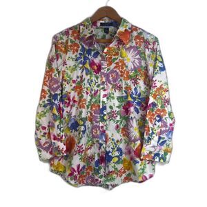 Chaps Floral Print 100% Cotton Blouse‎ Artsy Boho Size Large Casual Feminine